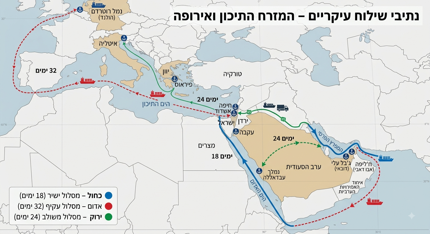 מפת נתיבי השילוח העיקריים: המסלול הישיר (כחול), המסלול העקיף (אדום) והמסלול המשולב (ירוק)